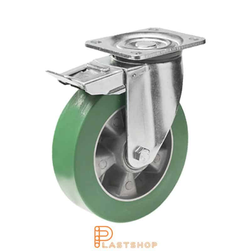 Lenkjhjul med bremse, plate, hjuldiameter 200 mm, byggehøyde 239 mm, nav i aluminium med myk bane i ElastoPUR i grønn farge. 700 kg bæreevne, doble kullager