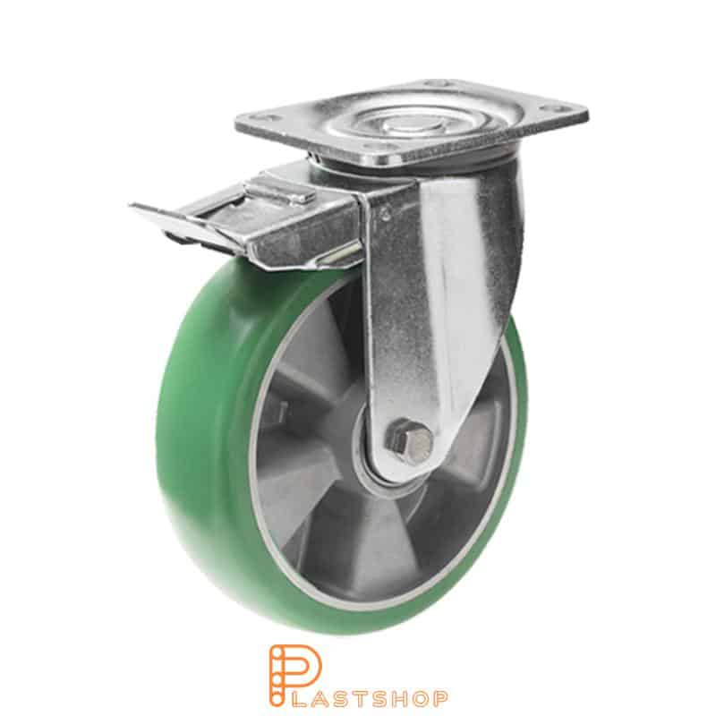 Lenkjhjul med bremse, plate, hjuldiameter 200 mm, byggehøyde 239 mm, nav i aluminium med myk bane i ElastoPUR i grønn farge. 700 kg bæreevne, doble kullager