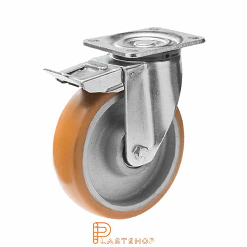 Lenkjhjul med bremse, plat, hjuldiameter 200 mm, byggehøyde 239 mm, nav i støpejern med myk bane i ElastoPUR i brun farge. 800 kg bæreevne, doble kulelager