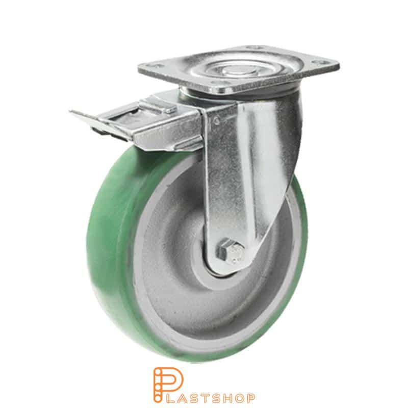 Lenkki pyörä jarrulla, laippa, pyörän halkaisija 200 mm, rakennuskorkeus 239 mm, navat valuraudasta pehmeällä uralla ElastoPUR:sta vihreässä värissä. 700 kg kantavuus, kaksi palloalaakeria