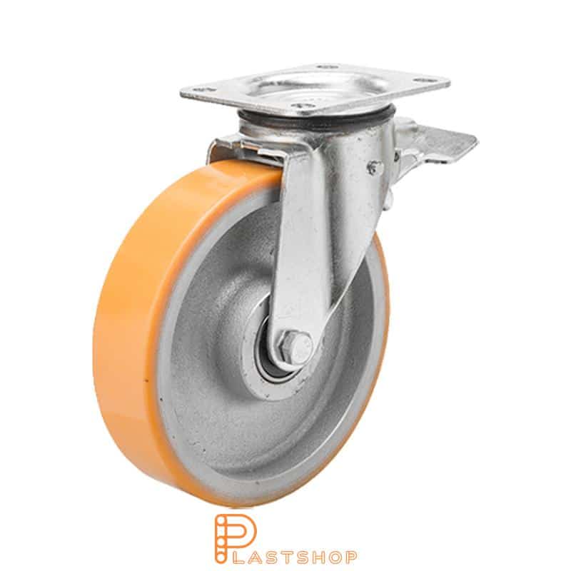 Länkhjul med broms, platta, hjuldiameter 200 mm, bygghöjd 239 mm, nav i gjutjärn med mjuk bana i PUR i orange färg. 400 kg bärighet, dubbla kullager