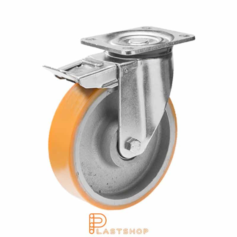 Länkhjul med broms, platta, hjuldiameter 200 mm, bygghöjd 239 mm, nav i gjutjärn med mjuk bana i PUR i orange färg. 800 kg bärighet, dubbla kullager