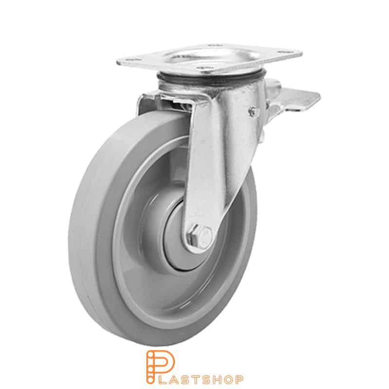 Lenkjhjul med bremse, plate, hjuldiameter 200 mm, byggehøyde 239 mm, nav i PA6 med myk bane i ElastoGum i grå farge. 350 kg bæreevne, doble kullager