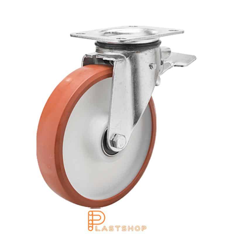 Lenkjhjul med bremse, plate, hjuldiameter 200 mm, byggehøyde 239 mm, nav i PA6 med myk bane i PUR i rød farge. 400 kg bæreevne, doble kullager