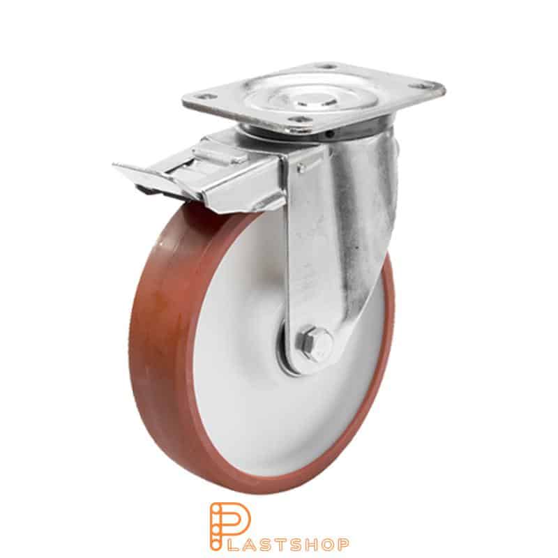 Lenkki pyörä jarrulla, laippa, pyörän halkaisija 200 mm, rakennuskorkeus 239 mm, navat PA6:sta pehmeällä uralla PUR:sta punaisessa värissä. 500 kg kantavuus, kaksi palloalaakeria