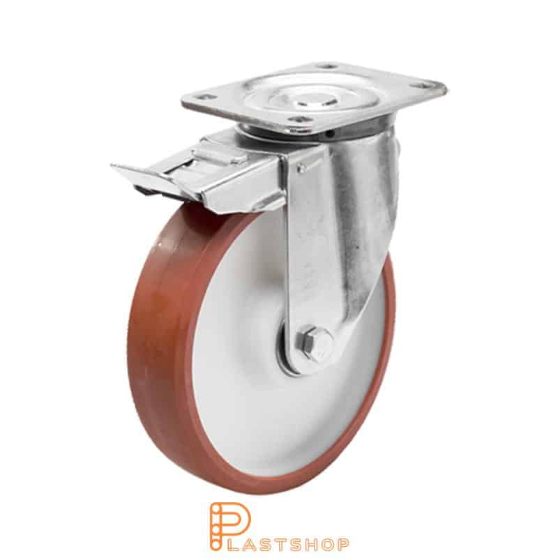 Lenkjhjul med bremse, plate, hjuldiameter 200 mm, byggehøyde 239 mm, nav i PA6 med myk bane i PUR i rød farge. 750 kg bæreevne, doble kullager