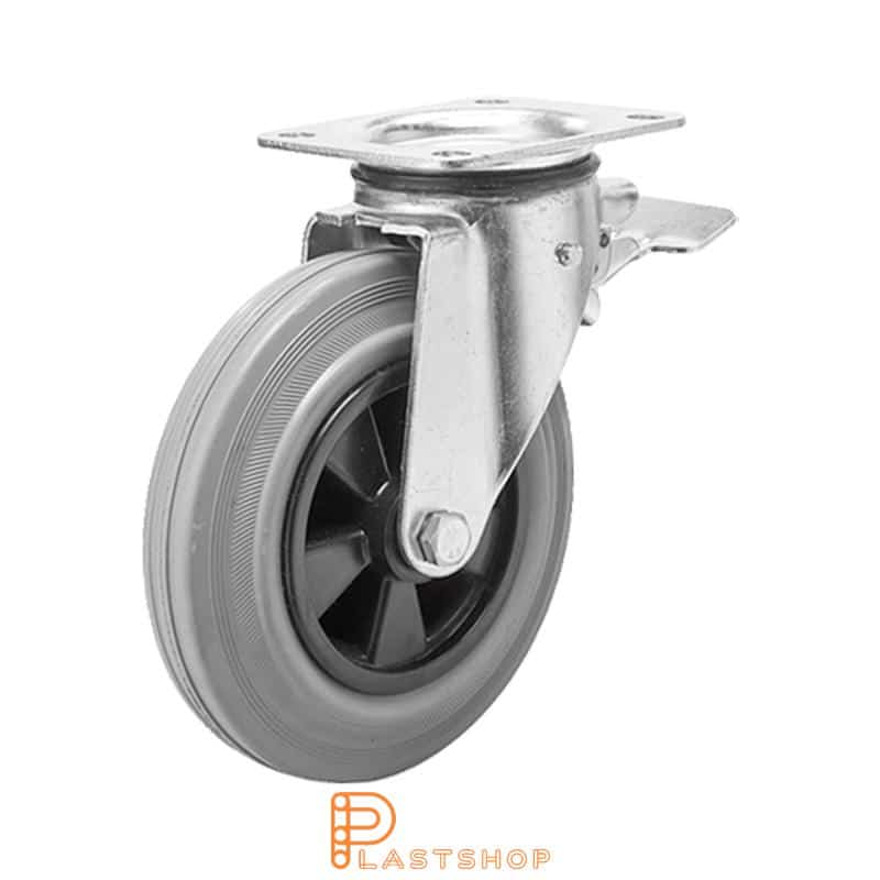 Lenkjhjul med bremse, plate, hjuldiameter 200 mm, byggehøyde 239 mm, nav i PP med myk bane i gummi i grå farge. 205 kg bæreevne, glidlager