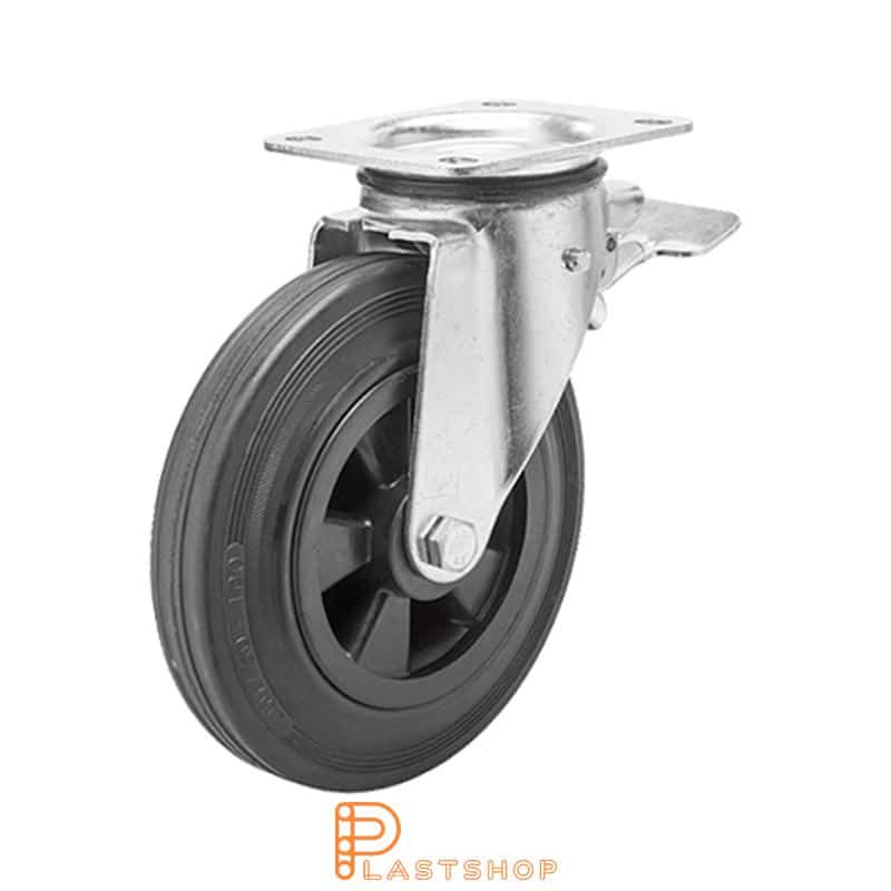 Link wheel with brake, plate, wheel diameter 200 mm, building height 239 mm, hub in PP with soft band in rubber in black color. 205 kg load capacity, slide bearing