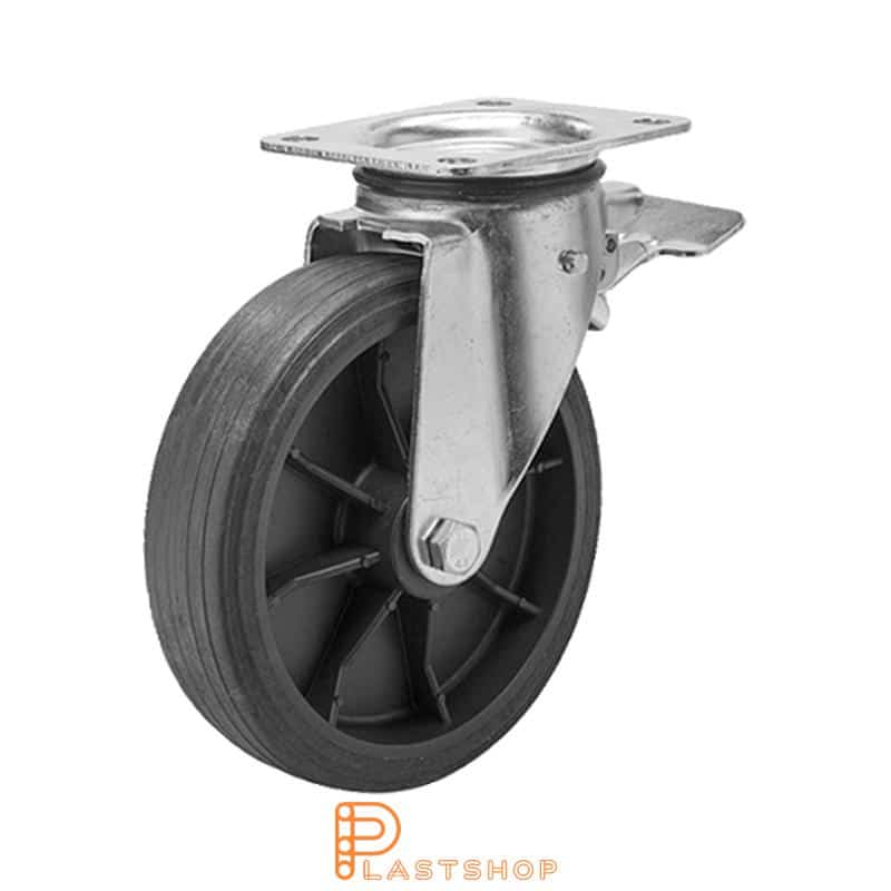 Rueda de enlace con freno, placa, diámetro de la rueda 200 mm, altura de construcción 239 mm, buje en PP con banda suave en ReGum de color negro. 120 kg de carga, cojinete deslizante