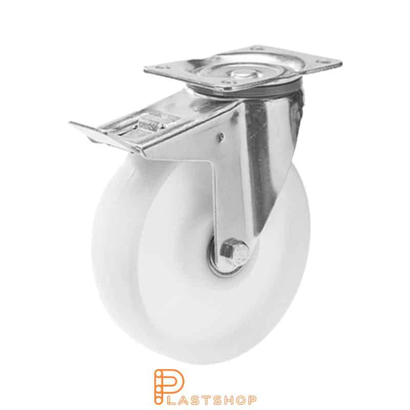 Link wheel with brake, plate, wheel diameter 200 mm, building height 240 mm, hard wheel in solid PA6, 400 kg load capacity, double ball bearing