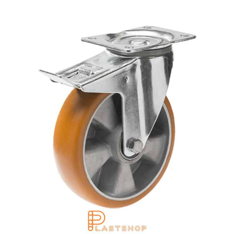 Länkhjul med broms, platta, hjuldiameter 200 mm, bygghöjd 240 mm, nav i aluminium med mjuk bana i ElastoPUR i brun färg. 400 kg bärighet, dubbla kullager