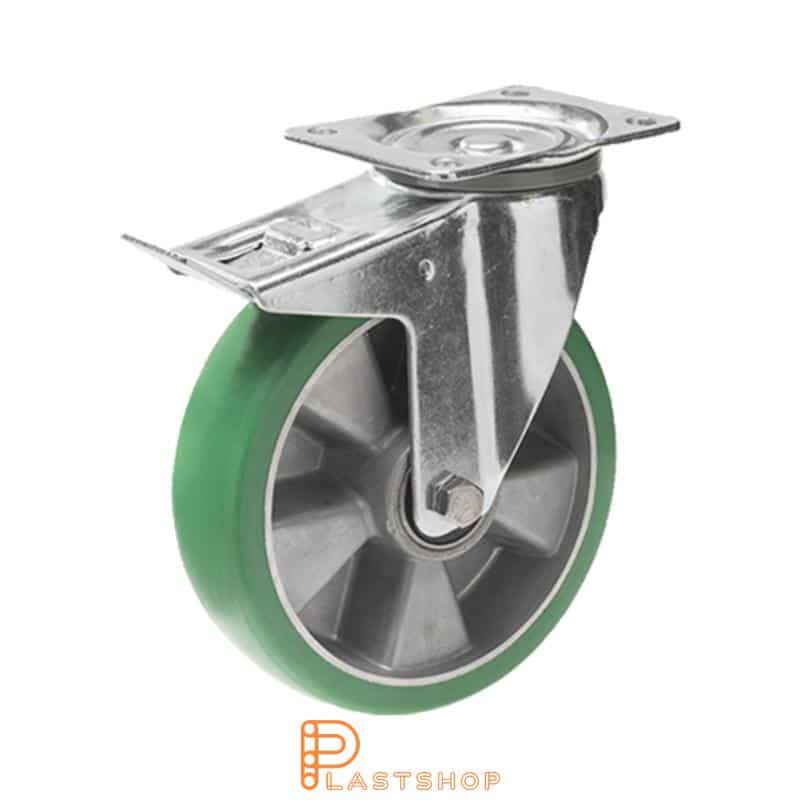Lenkjhjul med bremse, plate, hjuldiameter 200 mm, byggehøyde 240 mm, nav i aluminium med myk bane i ElastoPUR i grønn farge. 400 kg bæreevne, doble kullager