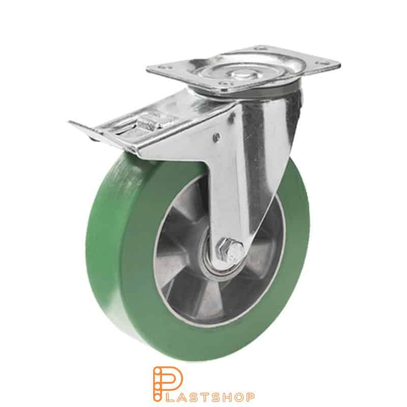 Lenkjhjul med bremse, plate, hjuldiameter 200 mm, byggehøyde 240 mm, nav i aluminium med myk bane i ElastoPUR i grønn farge. 400 kg bæreevne, doble kullager