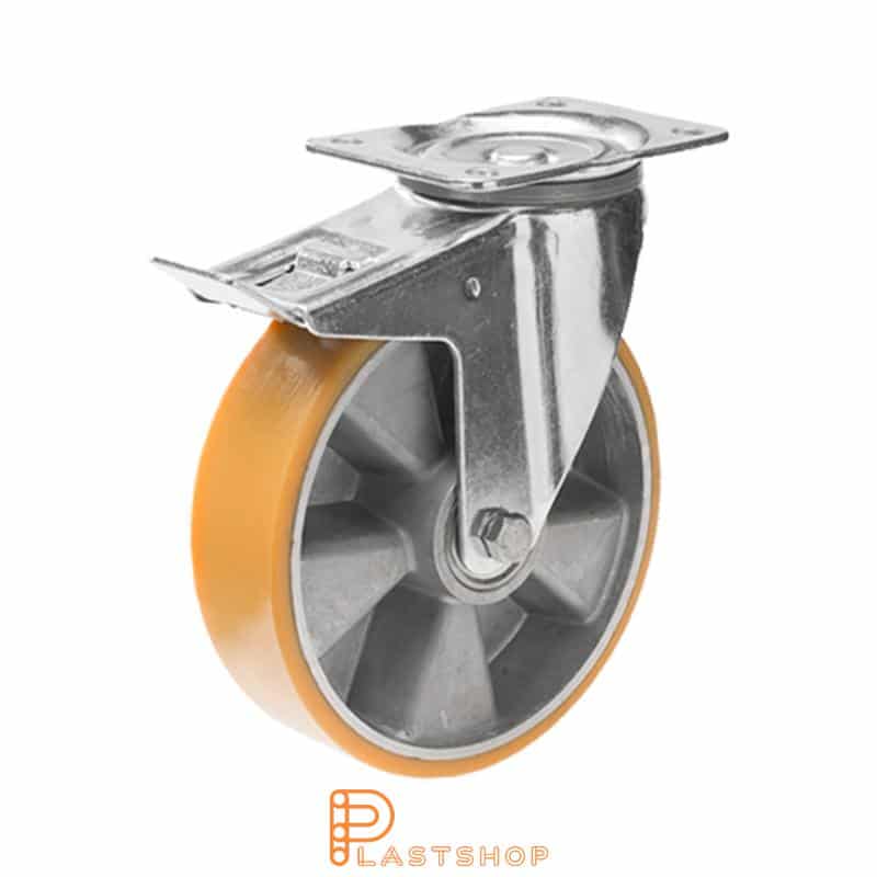 Rueda de enlace con freno, placa, diámetro de la rueda 200 mm, altura de construcción 240 mm, buje en aluminio con banda suave en PUR de color naranja. 400 kg de carga, cojinetes de bolas dobles