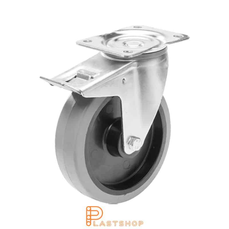 Länkhjul med broms, platta, hjuldiameter 200 mm, bygghöjd 240 mm, nav i PA6 med mjuk bana i ElastoGum i grå färg. 250 kg bärighet, rullager