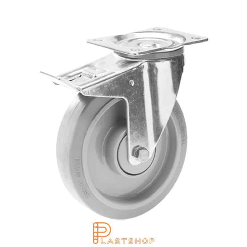 Link wheel with brake, plate, wheel diameter 200 mm, building height 240 mm, hub in PA6 with soft band in ElastoGum in gray color. 350 kg load capacity, double ball bearing