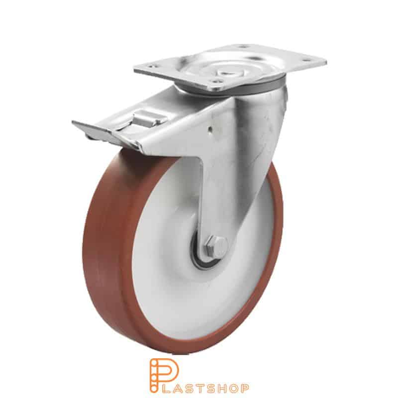 Lenkki pyörä jarrulla, laippa, pyörän halkaisija 200 mm, rakennuskorkeus 240 mm, navat PA6:sta pehmeällä uralla PUR:sta punaisessa värissä. 400 kg kantavuus, kaksi palloalaakeria