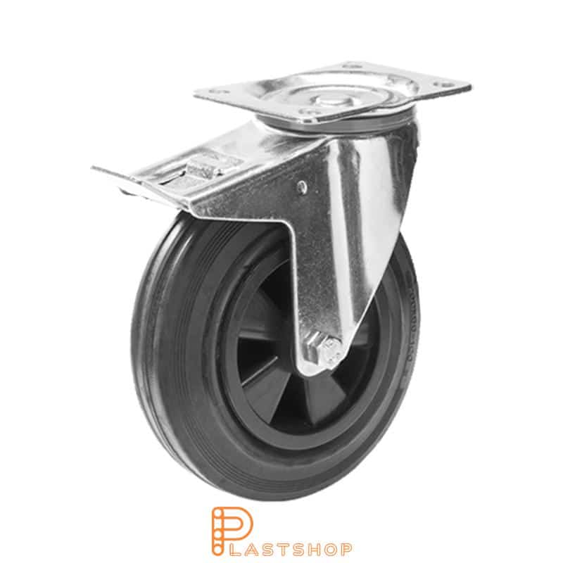 Rueda de enlace con freno, placa, diámetro de la rueda 200 mm, altura de construcción 240 mm, buje en PP con banda suave en goma de color negro. 205 kg de carga, rodamiento