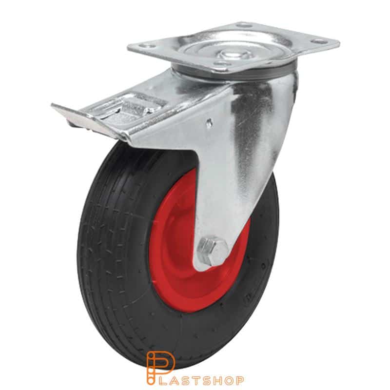 Länkhjul med broms, platta, hjuldiameter 200 mm, bygghöjd 240 mm, nav i PP med mjuk bana i luftgummi i röd färg. 75 kg bärighet, rullager