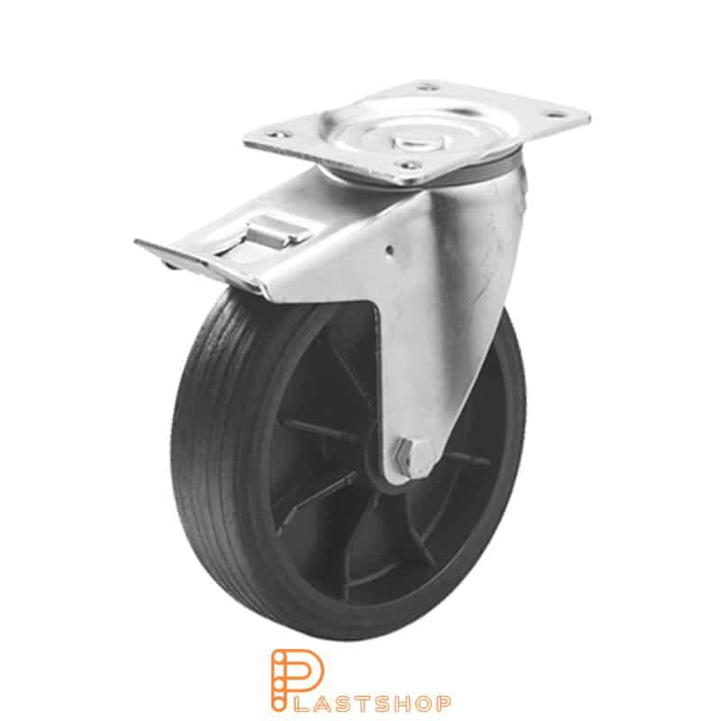 Link wheel with brake, plate, wheel diameter 200 mm, building height 240 mm, hub in PP with soft band in ReGum in black color. 120 kg load capacity, slide bearing