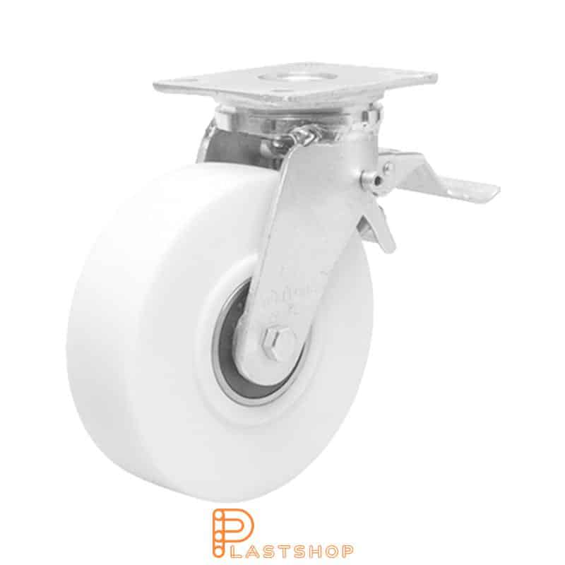 Link wheel with brake, plate, wheel diameter 200 mm, building height 245 mm, hard wheel in solid PA6 C, 1500 kg load capacity, double ball bearing