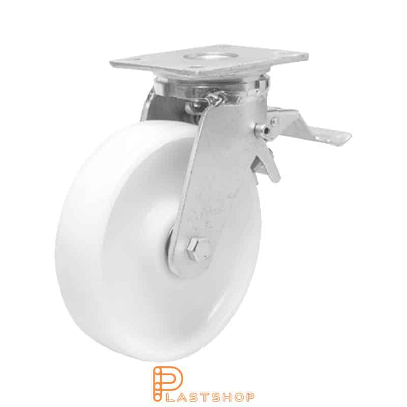 Link wheel with brake, plate, wheel diameter 200 mm, building height 245 mm, hard wheel in solid PA6, 1000 kg load capacity, double ball bearing