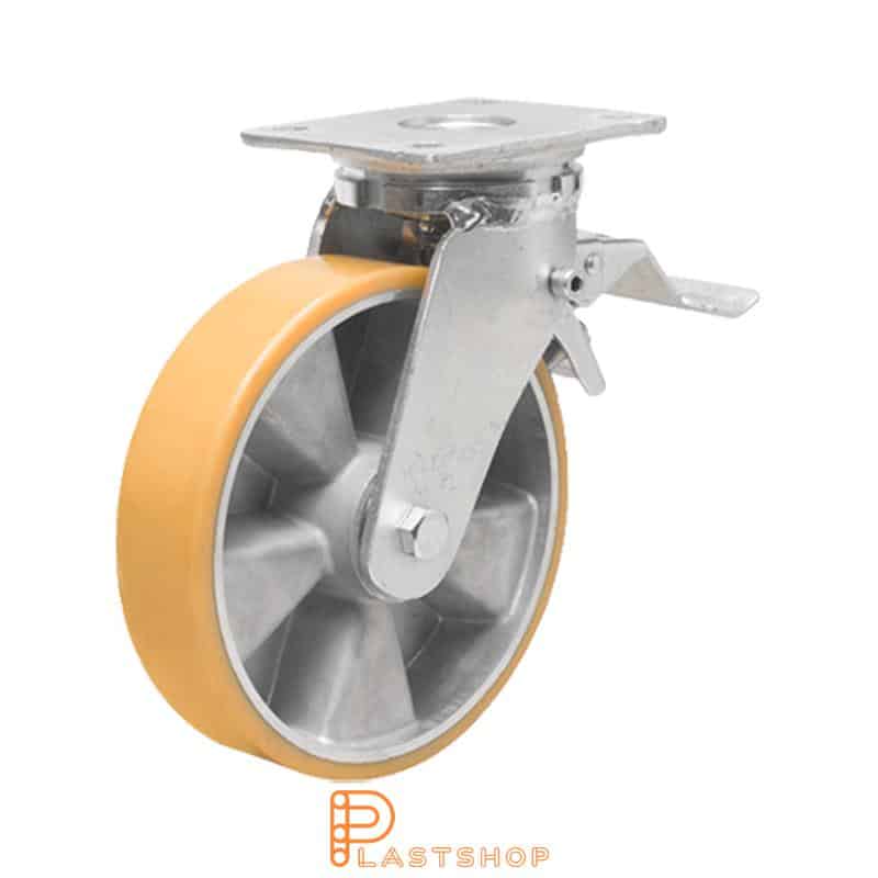 Länkhjul med broms, platta, hjuldiameter 200 mm, bygghöjd 245 mm, nav i aluminium med mjuk bana i PUR i orange färg. 800 kg bärighet, dubbla kullager