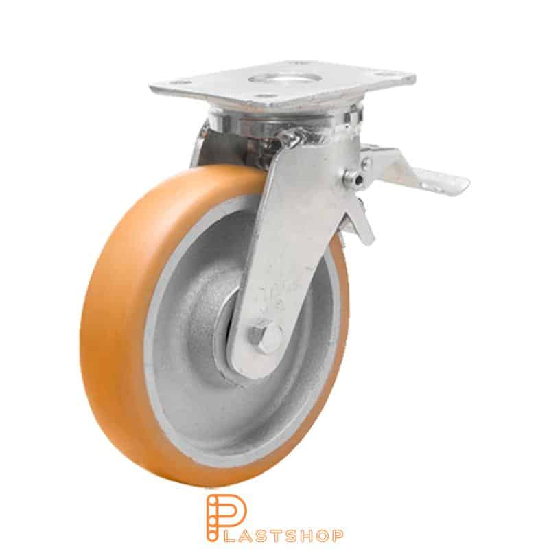 Lenkjhjul med bremse, plat, hjuldiameter 200 mm, byggehøyde 245 mm, nav i støpejern med myk bane i ElastoPUR i brun farge. 800 kg bæreevne, doble kulelager