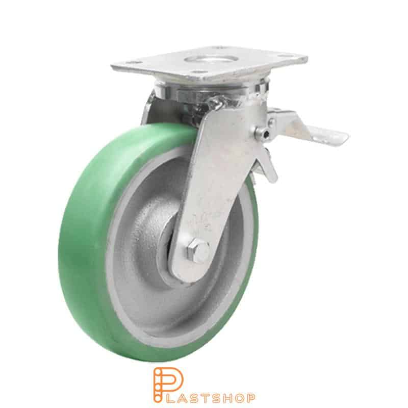 Länkhjul med broms, platta, hjuldiameter 200 mm, bygghöjd 245 mm, nav i gjutjärn med mjuk bana i ElastoPUR i grön färg. 700 kg bärighet, dubbla kullager