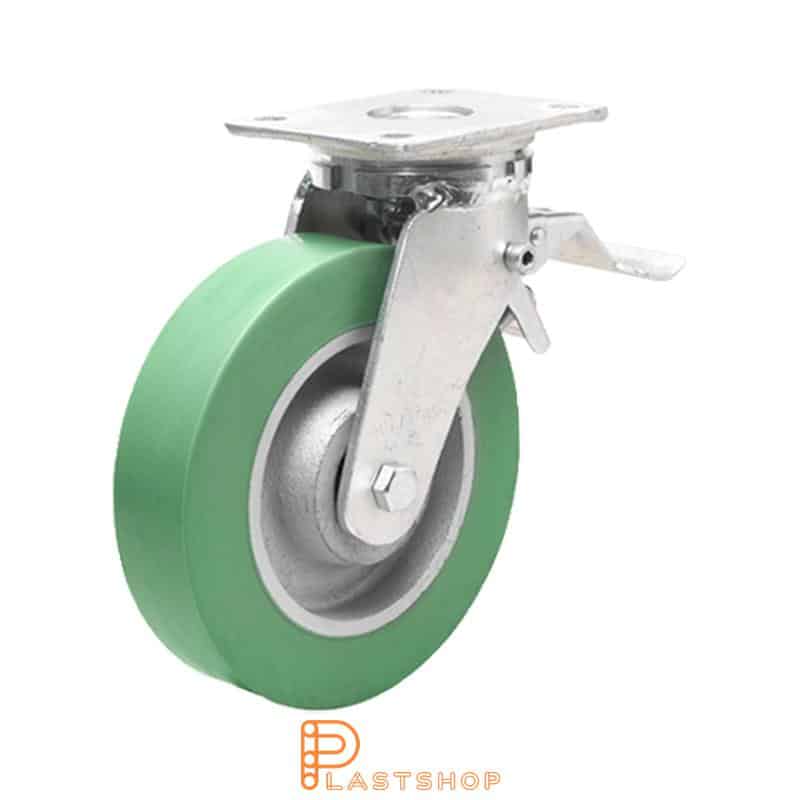 Lenkjhjul med bremse, plate, hjuldiameter 200 mm, byggehøyde 245 mm, nav i støpejern med myk bane i ElastoPUR i grønn farge. 700 kg bæreevne, doble kullager