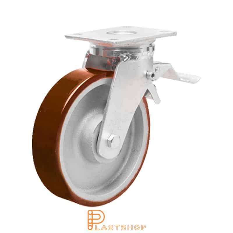 Länkhjul med broms, platta, hjuldiameter 200 mm, bygghöjd 245 mm, nav i gjutjärn med mjuk bana i PUR i röd färg. 1000 kg bärighet, dubbla kullager