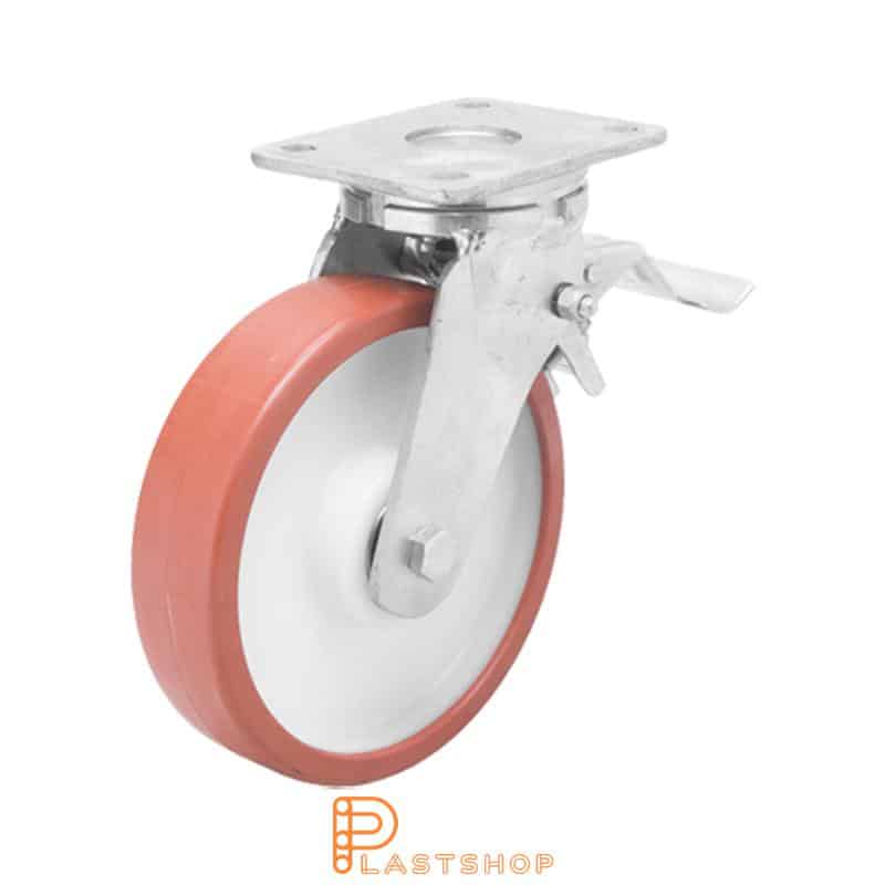 Lenkki pyörä jarrulla, laippa, pyörän halkaisija 200 mm, rakennuskorkeus 245 mm, navat PA6:sta pehmeällä uralla PUR:sta punaisessa värissä. 750 kg kantavuus, kaksi palloalaakeria