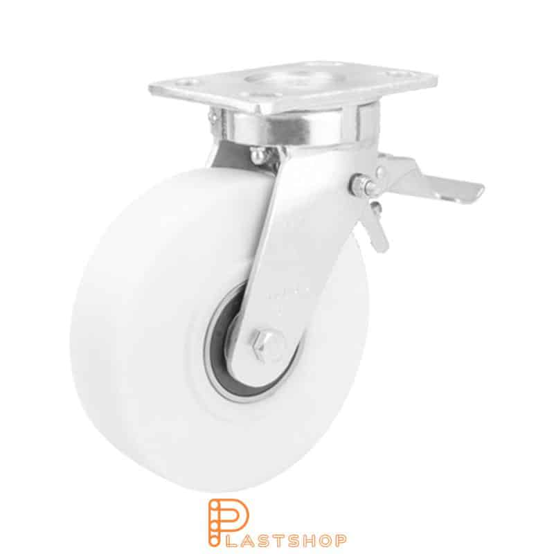 Link wheel with brake, plate, wheel diameter 200 mm, building height 250 mm, hard wheel in solid PA6 C, 1500 kg load capacity, double ball bearing