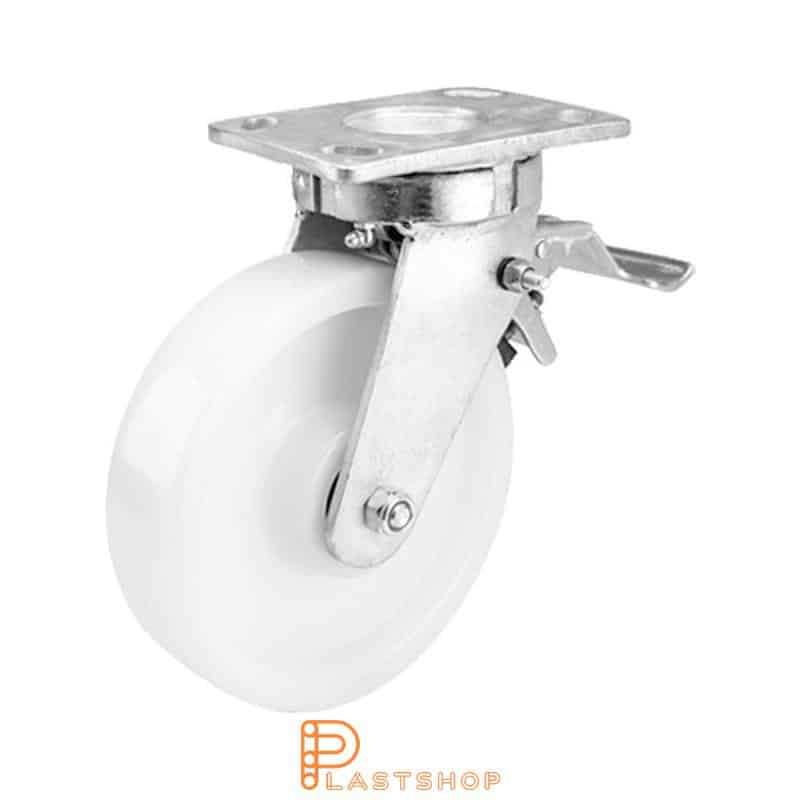 Rueda de enlace con freno, placa, diámetro de la rueda 200 mm, altura de construcción 250 mm, rueda dura de PA6 macizo, 1000 kg de carga, cojinetes de bolas dobles