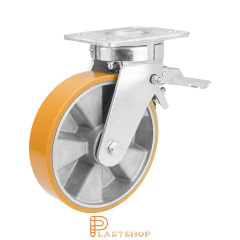 Länkhjul med broms, platta, hjuldiameter 200 mm, bygghöjd 250 mm, nav i aluminium med mjuk bana i PUR i orange färg. 800 kg bärighet, dubbla kullager