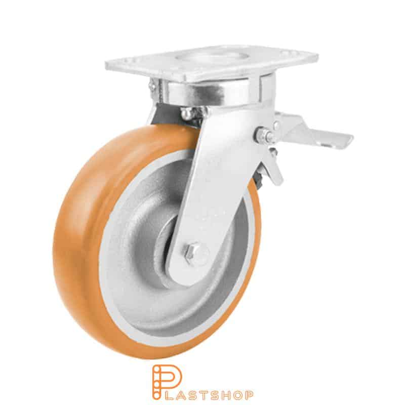 Lenkjhjul med bremse, plat, hjuldiameter 200 mm, byggehøyde 250 mm, nav i støpejern med myk bane i ElastoPUR i brun farge. 800 kg bæreevne, doble kulelager