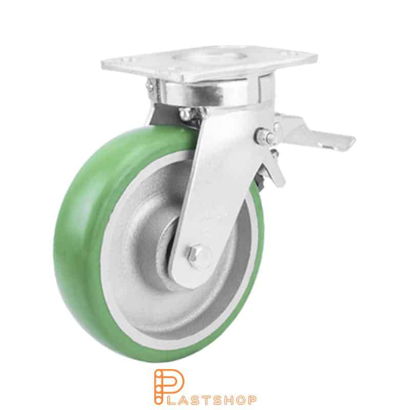 Lenkjhjul med bremse, plate, hjuldiameter 200 mm, byggehøyde 250 mm, nav i støpejern med myk bane i ElastoPUR i grønn farge. 700 kg bæreevne, doble kullager