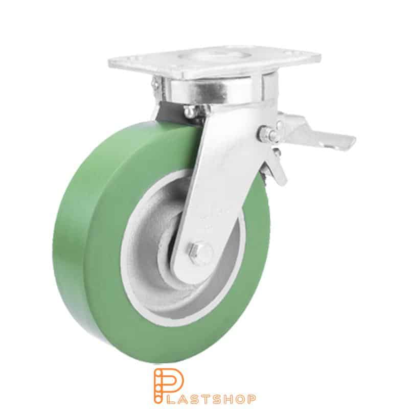Lenkjhjul med bremse, plate, hjuldiameter 200 mm, byggehøyde 250 mm, nav i støpejern med myk bane i ElastoPUR i grønn farge. 700 kg bæreevne, doble kullager