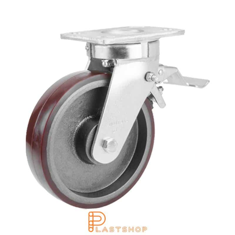 Länkhjul med broms, platta, hjuldiameter 200 mm, bygghöjd 250 mm, nav i gjutjärn med mjuk bana i PUR i röd färg. 1000 kg bärighet, dubbla kullager