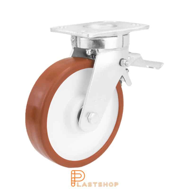 Lenkki pyörä jarrulla, laippa, pyörän halkaisija 200 mm, rakennuskorkeus 250 mm, navat PA6:sta pehmeällä uralla PUR:sta punaisessa värissä. 750 kg kantavuus, kaksi palloalaakeria