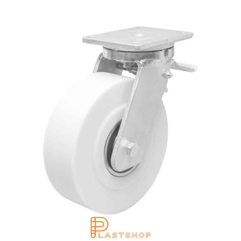 Link wheel with brake, plate, wheel diameter 200 mm, building height 264 mm, hard wheel in solid PA6 C, 3000 kg load capacity, double ball bearing