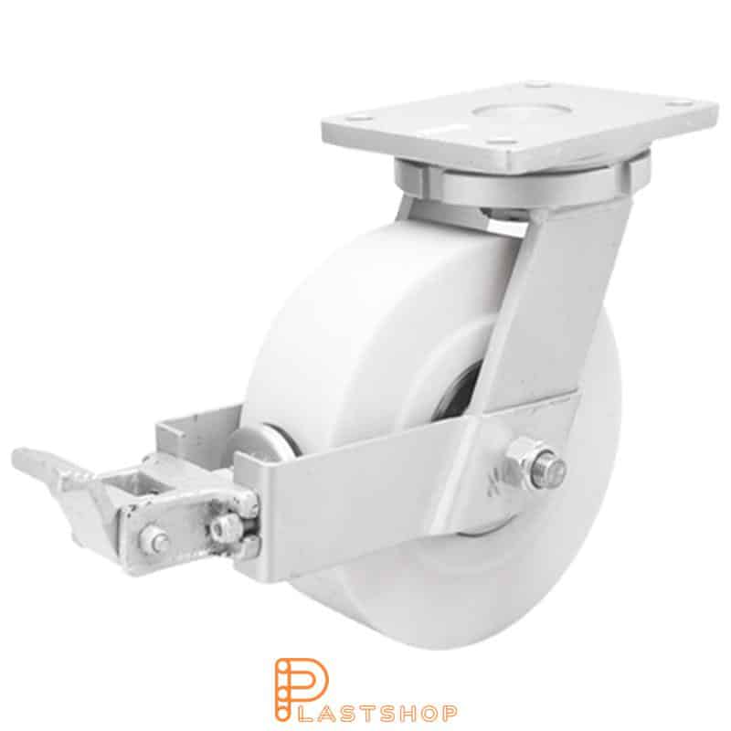 Link wheel with brake, plate, wheel diameter 200 mm, building height 264 mm, hard wheel in solid PA6 C, 4500 kg load capacity, double ball bearing