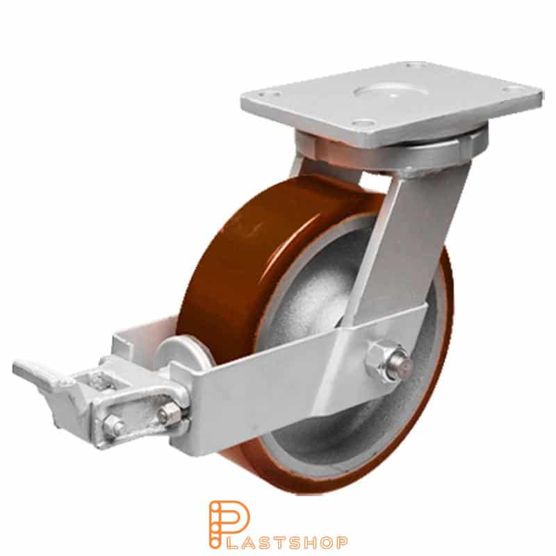 Länkhjul med broms, platta, hjuldiameter 200 mm, bygghöjd 264 mm, nav i gjutjärn med mjuk bana i PUR i orange färg. 1400 kg bärighet, dubbla kullager