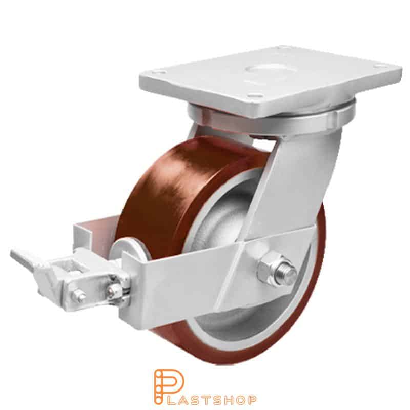 Lenkjhjul med bremse, plate, hjuldiameter 200 mm, byggehøyde 280 mm, nav i støpejern med myk bane i PUR i rød farge. 1800 kg bæreevne, doble kullager