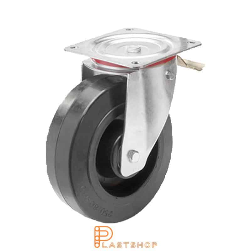 Lenkjhjul med bremse, plat, hjuldiameter 250 mm, byggehøyde 290 mm, nav i PA6 med myk bane i ElastoGum i svart farge. 400 kg bæreevne, doble kulelager