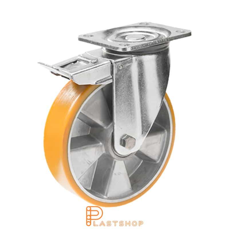 Link wheel with brake, plate, wheel diameter 250 mm, building height 292 mm, hub in aluminum with soft band in PUR in orange color. 800 kg load capacity, double ball bearing