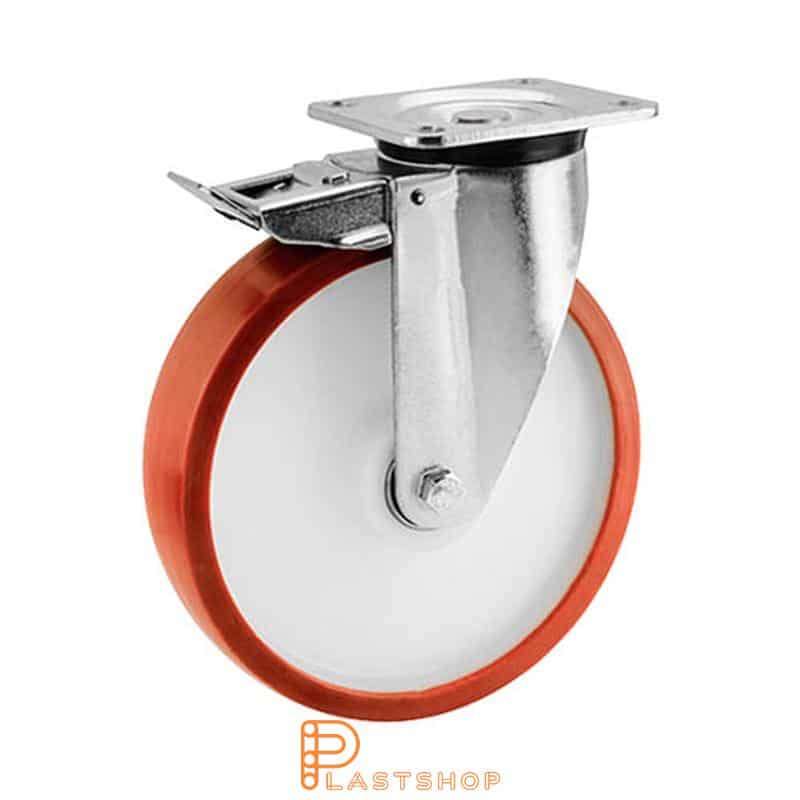 Rueda de enlace con freno, placa, diámetro de la rueda 250 mm, altura de construcción 292 mm, buje en PA6 con banda suave en PUR de color rojo. 750 kg de carga, cojinetes de bolas dobles