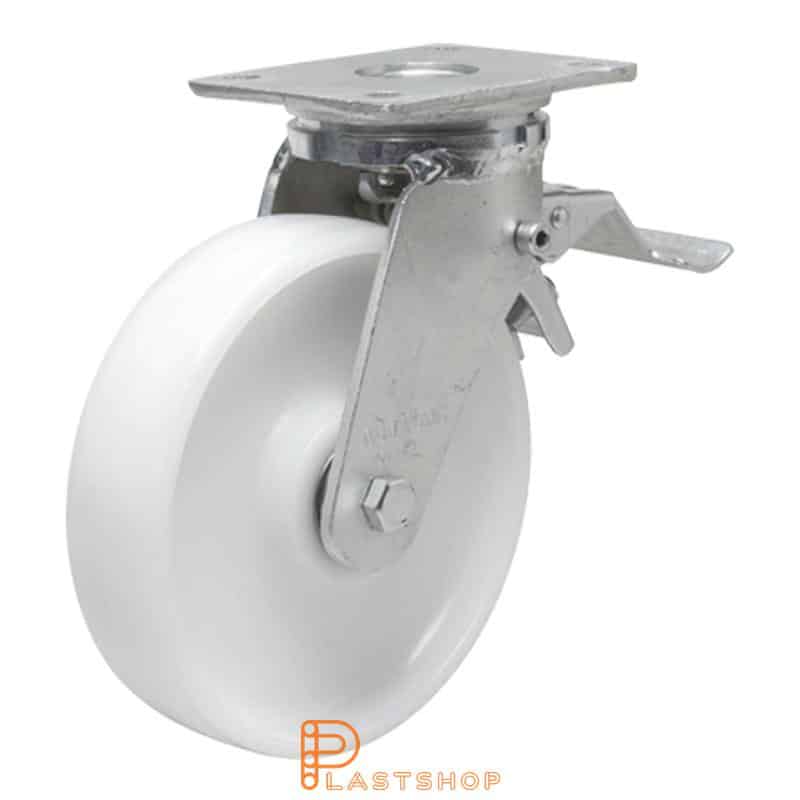 Link wheel with brake, plate, wheel diameter 250 mm, building height 300 mm, hard wheel in solid PA6, 800 kg load capacity, double ball bearing