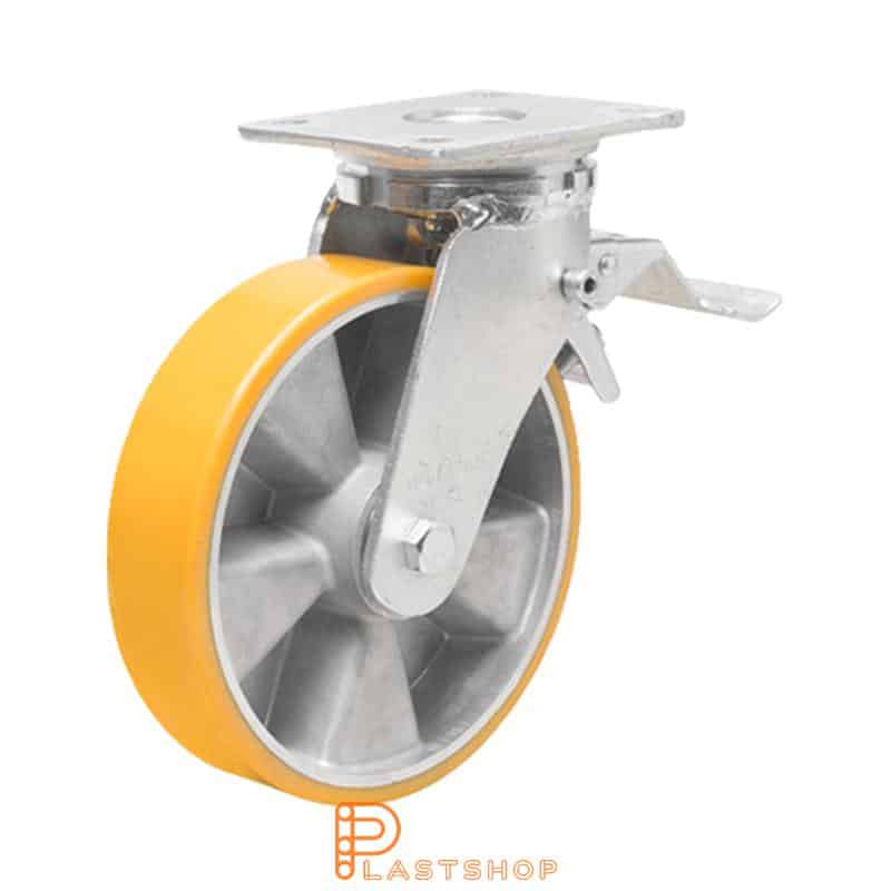 Länkhjul med broms, platta, hjuldiameter 250 mm, bygghöjd 300 mm, nav i aluminium med mjuk bana i PUR i orange färg. 1000 kg bärighet, dubbla kullager