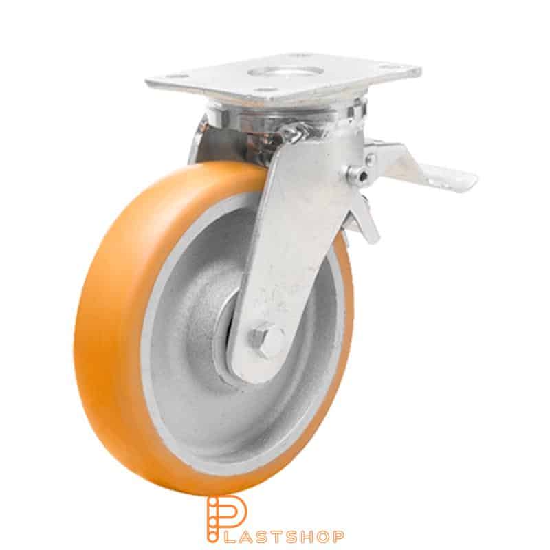 Link wheel with brake, flat, wheel diameter 250 mm, building height 300 mm, hub in cast iron with soft track in ElastoPUR in brown color. 1000 kg load capacity, double ball bearings